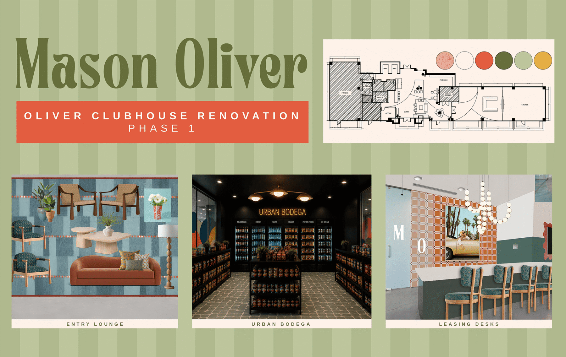 Design board for Mason Oliver Clubhouse Renovation Phase 1, featuring a floor plan, color palette, and images of an entry lounge, urban bodega, and leasing desks on a green striped background.