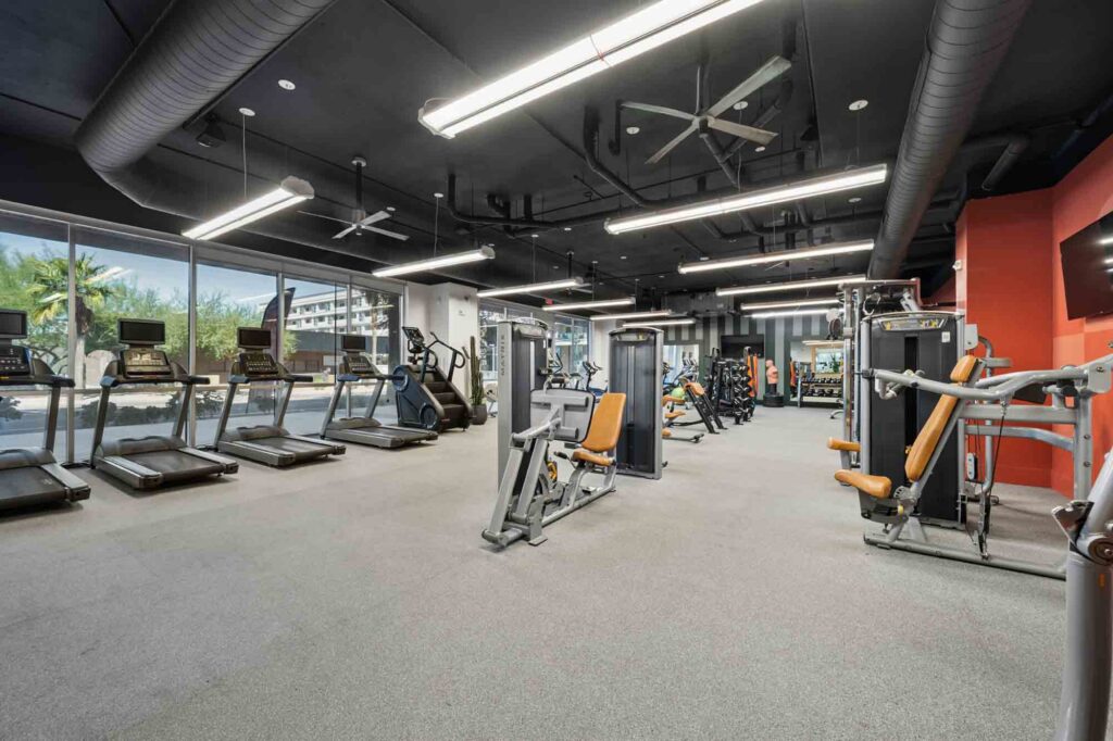 Modern gym with treadmills, elliptical machines, weight training equipment, and large windows letting in natural light. The space has gray flooring, black ceiling, and orange accent wall. No people are present.