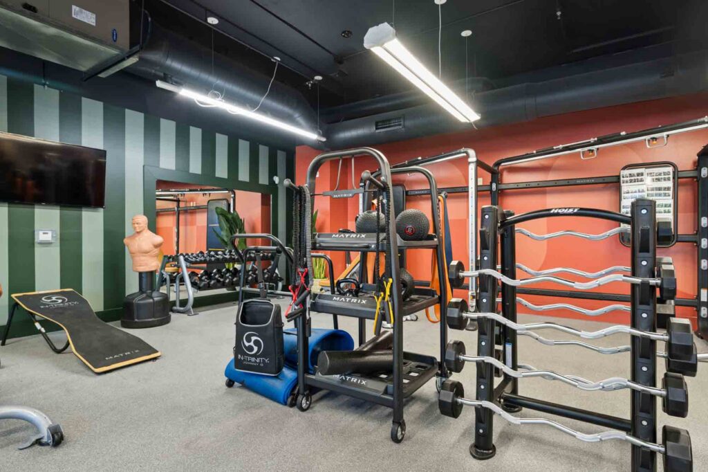 A modern gym room with striped green walls, free weights, racks, fitness equipment, a mannequin for boxing, dumbbells, and a bench press. The space is brightly lit with overhead lights.