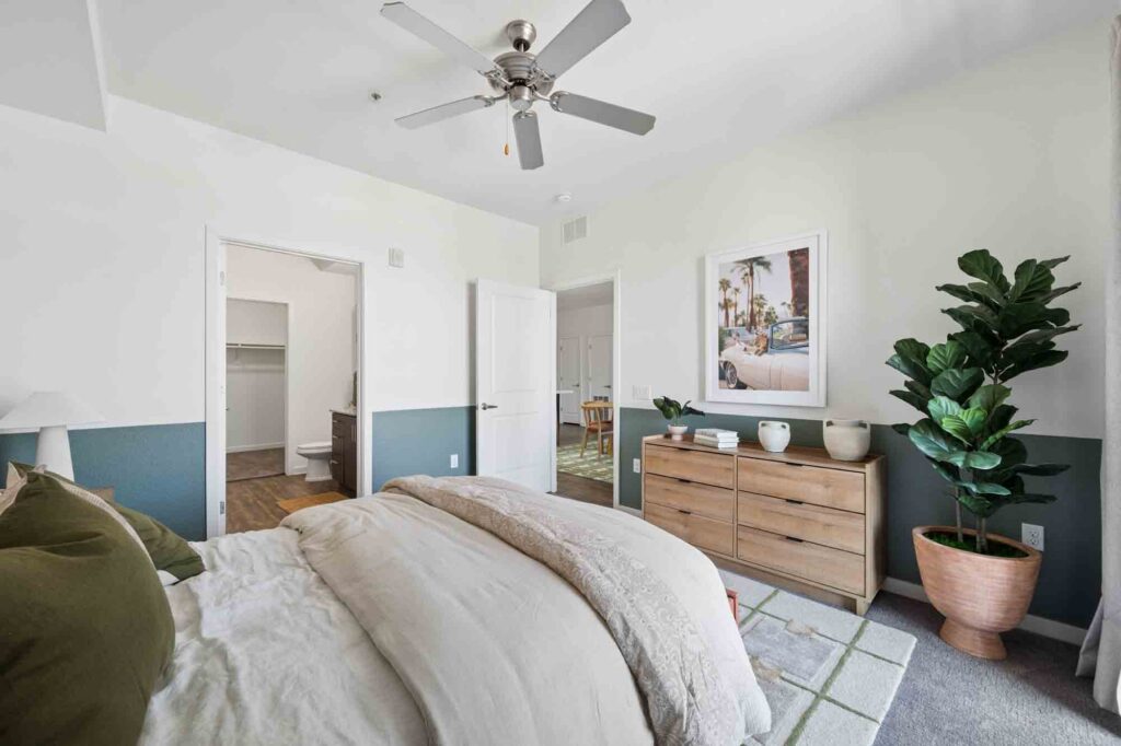 A modern bedroom with a cozy bed, wooden dresser, large potted plant, ceiling fan, and art on the wall. An open door reveals a bathroom and closet. Light fills the room from a window out of view.