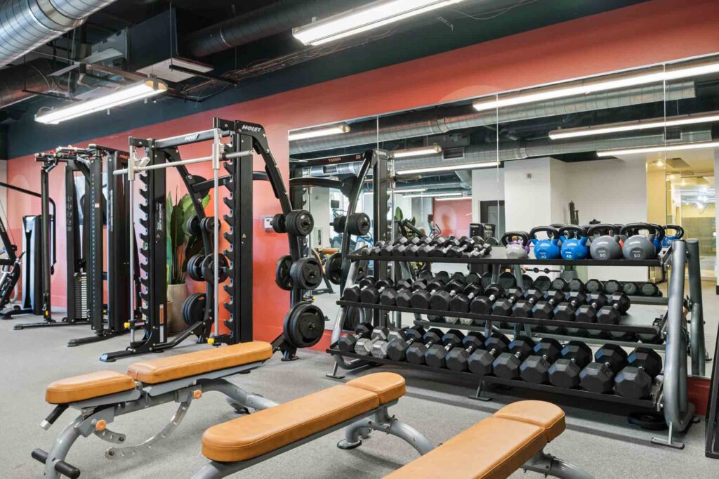 A gym with weight racks, dumbbells, kettlebells, benches, and various exercise machines in front of a mirror and a red wall. Overhead lights and exposed ducts are visible.