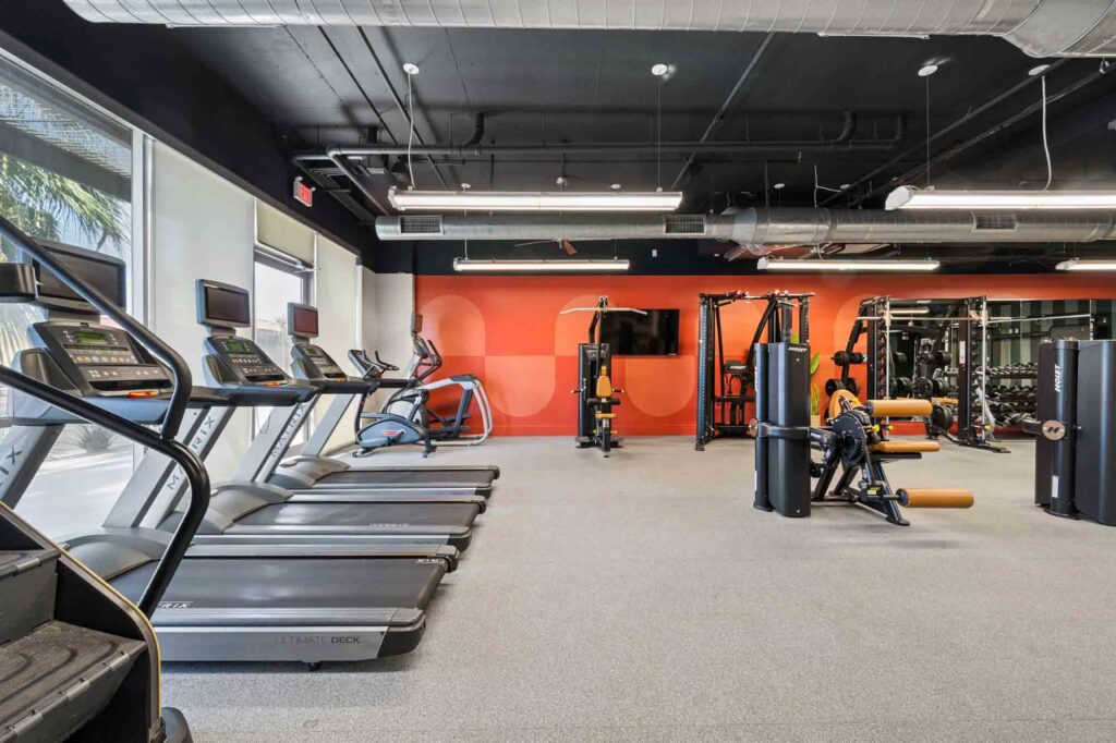 A modern gym with treadmills, elliptical machines, strength training equipment, and free weights, featuring large windows and orange accent walls.